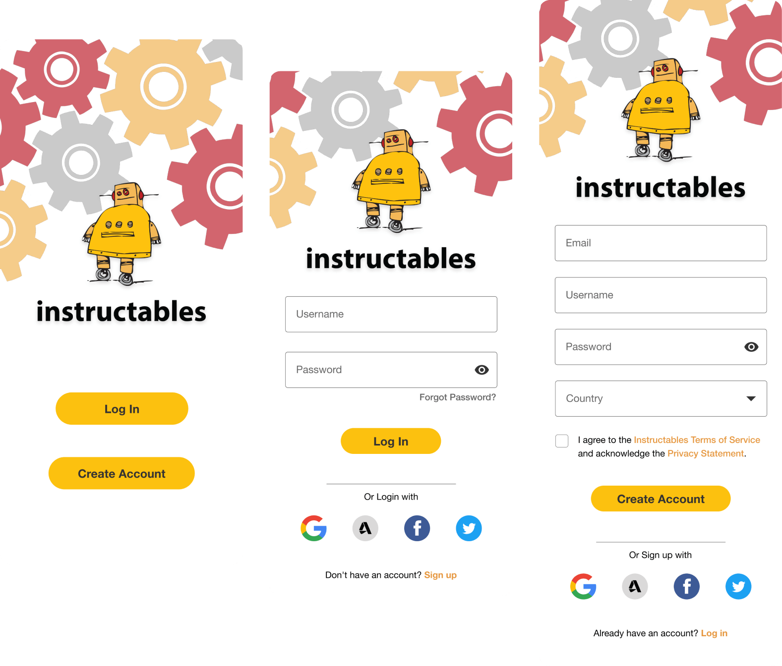 Instructables mockups: Initial view, Log In, Create Account