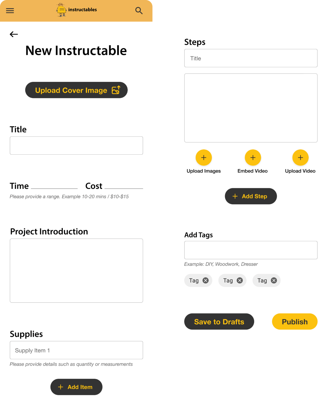 Instructables mockups: New Instructable, Steps screens