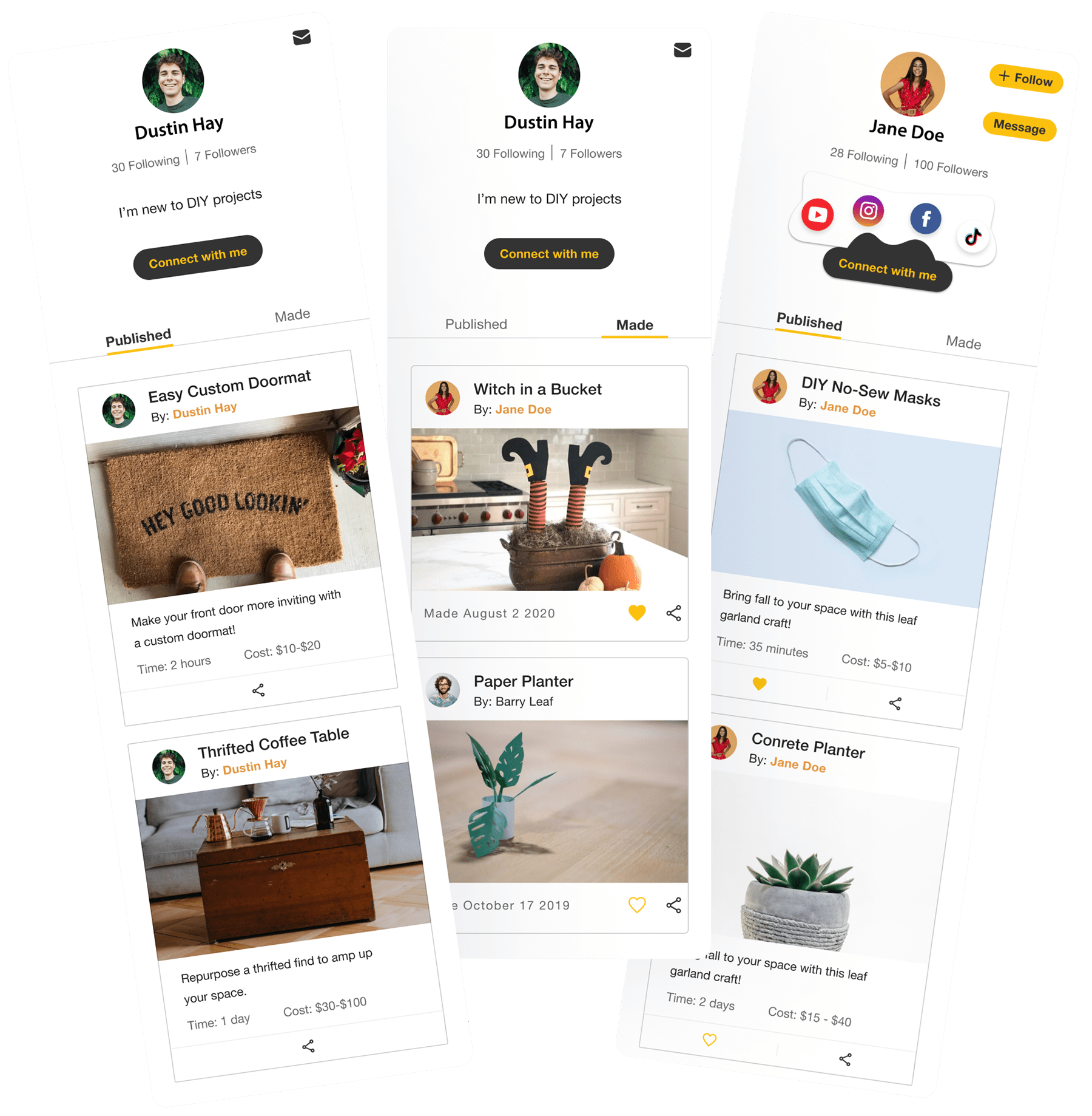 Instructables mockups: Account Published Tab, Account Made Tab, Account Social Tab