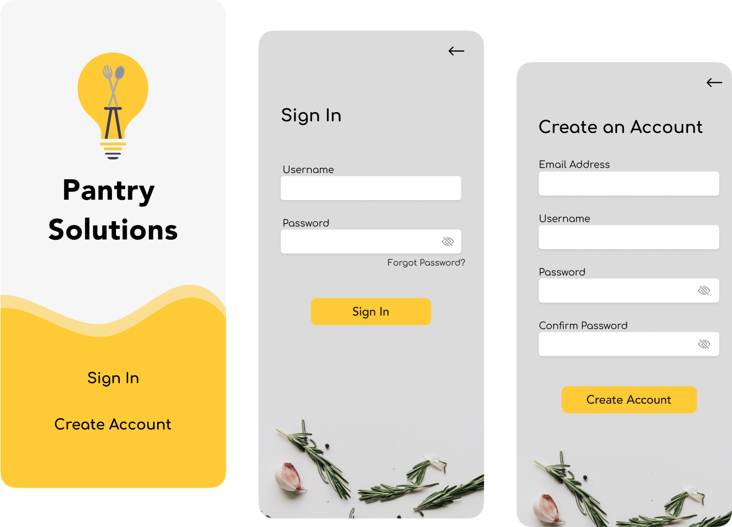 Pantry Solutions mockups: Initial view, Sign In, Create an Account