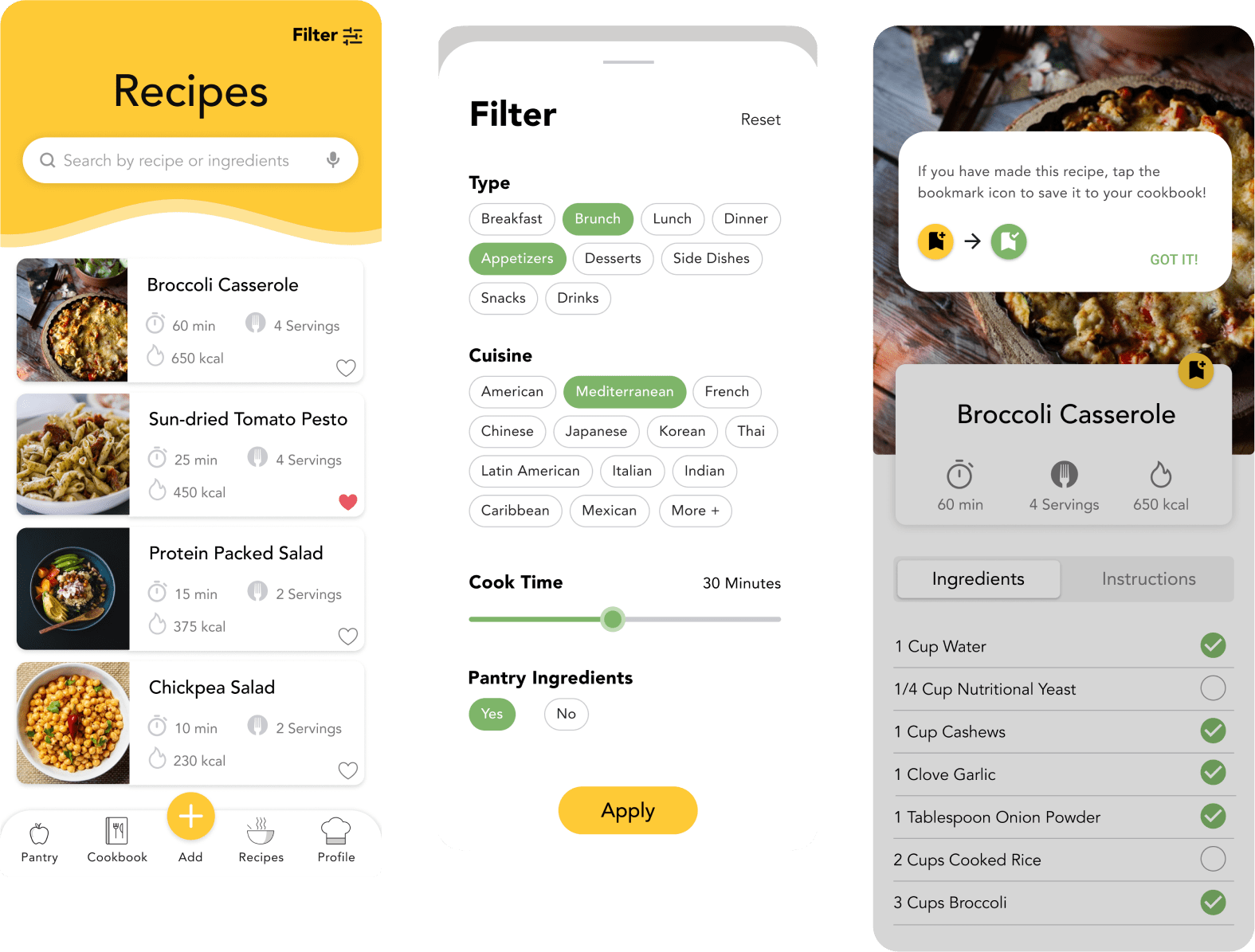 Pantry Solutions mockups: Recipes, Filter, Save hint