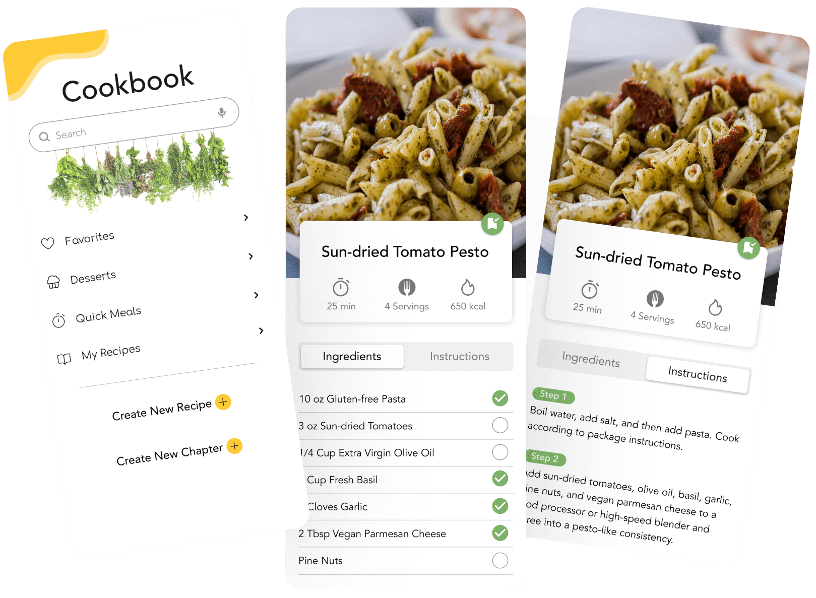 Pantry Solutions mockups: Cookbook, Sun-dried Tomato Pesto ingredients, Sun-dried Tomato Pesto instructions