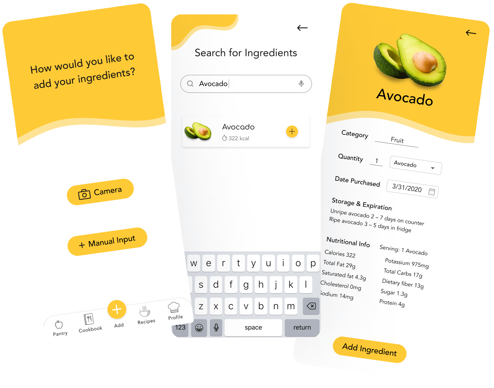Pantry Solutions mockups: How add ingredients, Search for ingredients, Search result: Avocado