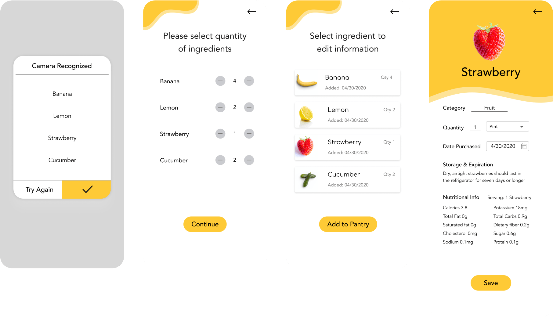 Pantry Solutions mockups: Camera recognized, Select quantity, Select ingredient, Strawberry ingredient