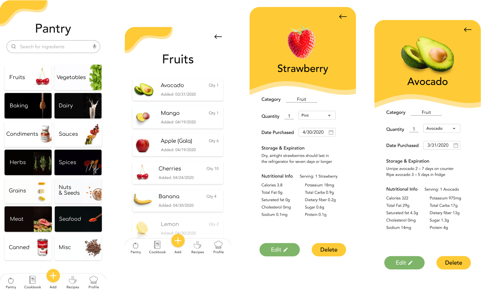 Pantry Solutions mockups: Pantry, Fruits, Strawberry, Avocado
