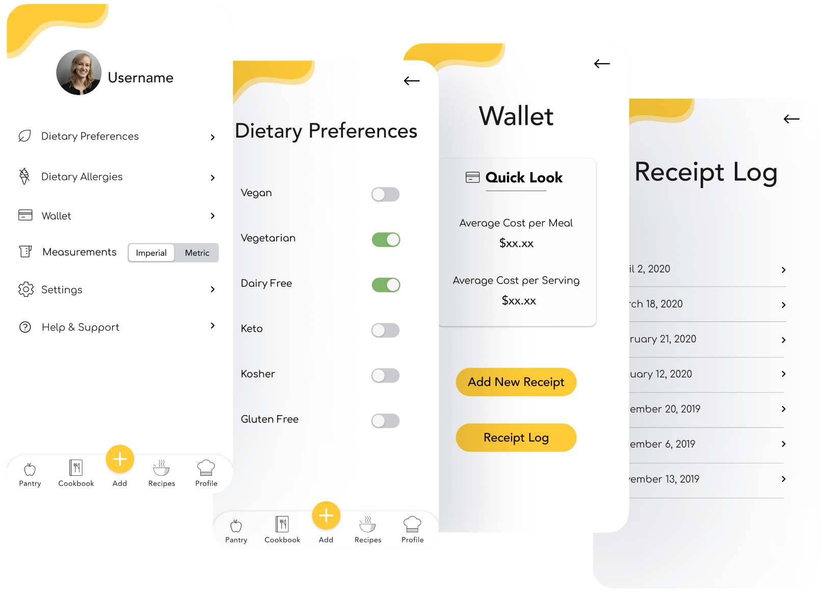 Pantry Solutions mockups: Account profile, Dietary Preferences, Wallet, Receipt Log