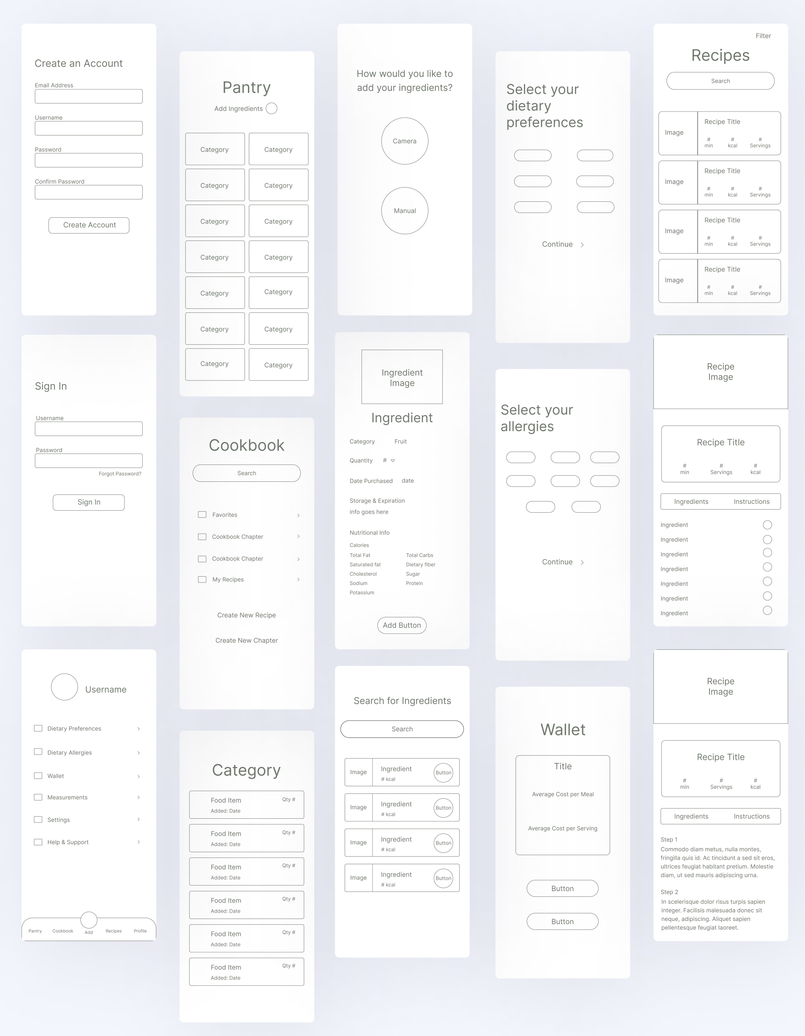 Wireframes of various screens for Pantry Solutions